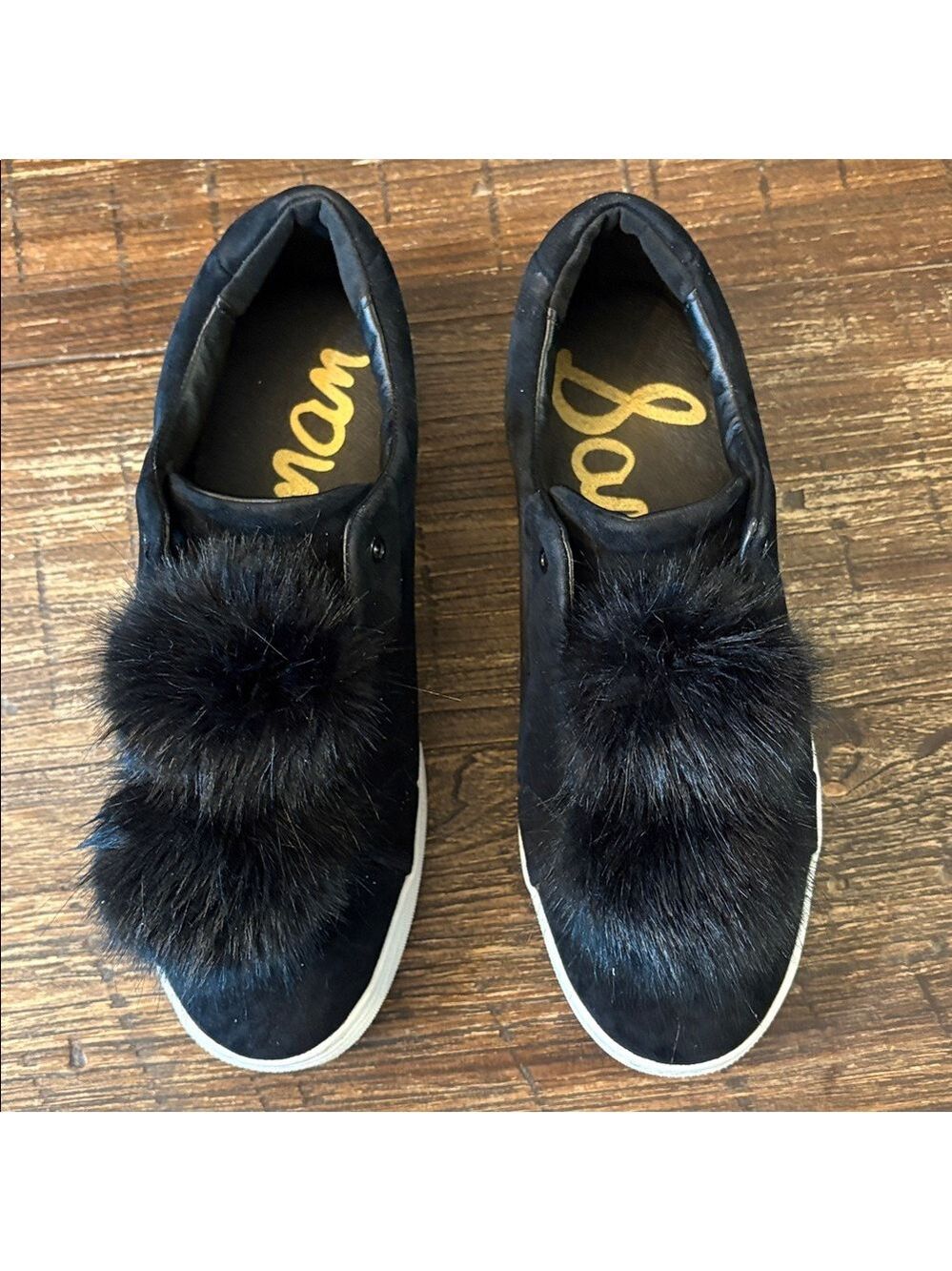 Sam Edelman Leya Sneakers Size 10 Black Slip On Faux Fur Pom Pom Platform - Picture 2 of 7